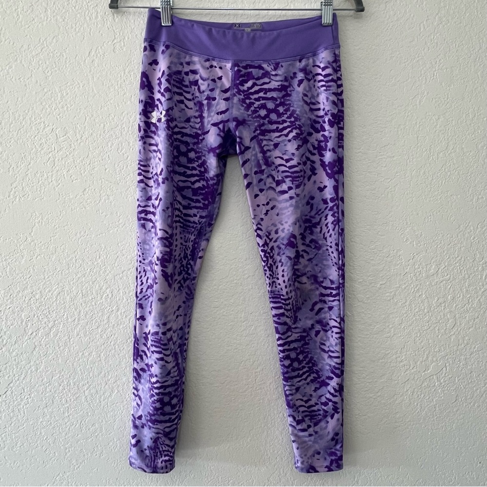Under Armour HeatGear Purple Camo Printed Leggings, Ankle Crop Girls’ Size Large